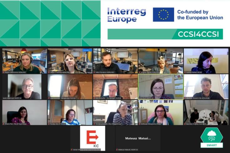 CCSI4CCSCI-KoM-Cover On the upper part of the picture we see the logo of the project, it consists of Interreg Europe the European flag and it also says "Co-funded by the EU" and the name of the project "CCSI4CCSI". On the lower part of the image we see a screenshot from a video call with all participants of the project.