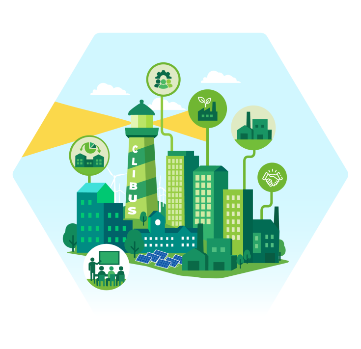 city ecosystem of public and private actors - the light house represents the city authority and the various buildings the private sector. There are also icons repesenting collaboration, industry, energy, etc. 