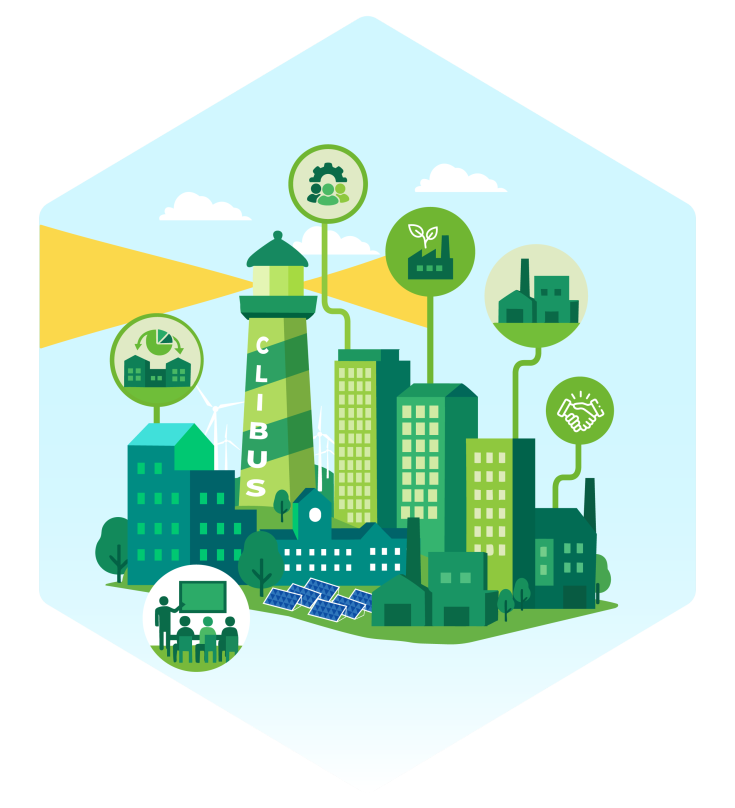 city ecosystem of public and private actors - the light house represents the city authority and the various buildings the private sector. There are also icons repesenting collaboration, industry, energy, etc. 