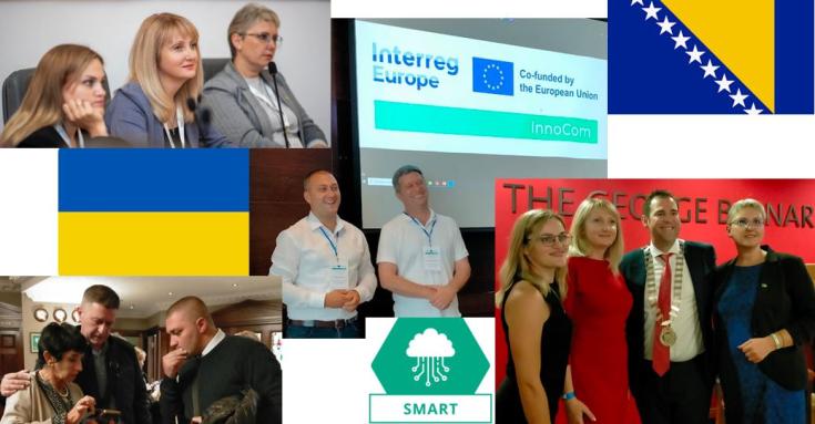 A montage of photos of people at meetings, plus the Bosnian and Ukrainian flags and the SMART symbol
