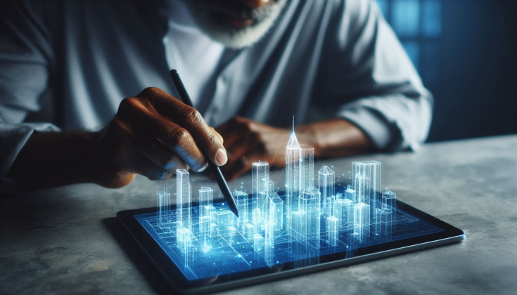 A man on a digital tablet with a 3D