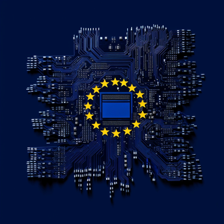 EU flag on electric circuit and a chip in the middle