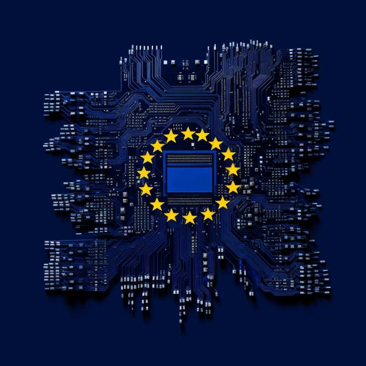 EU AI Act EU flag on electric circuit and a chip in the middle