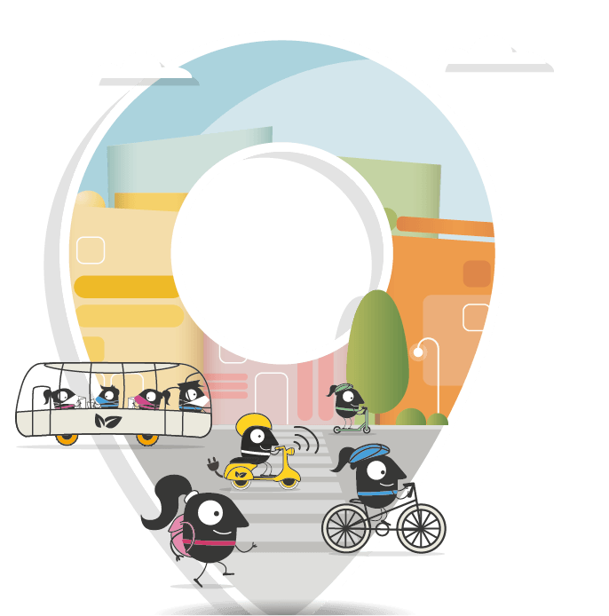 European Mobility Week 16-22 September colourful icon with cartoon characters making use of sustainable mobility in different ways