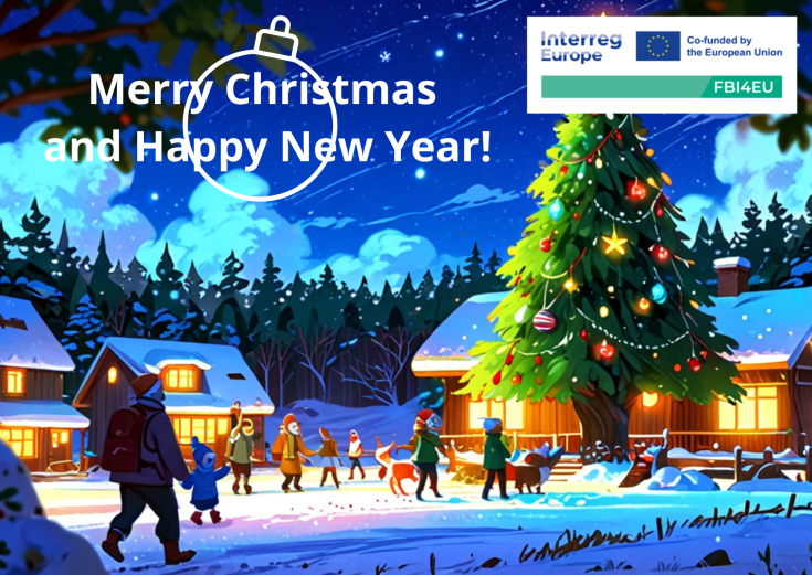 FBI4EU Christmas Card - Celebrating Sustainability and Community A festive Christmas card featuring a snowy village scene with warmly lit wooden houses surrounded by pine trees. In the foreground, a large Christmas tree is decorated with lights and ornaments. People are joyfully walking and interacting, some with children and pets. The sky is filled with stars and a bright moon. The top right corner includes the Interreg Europe logo and FBI4EU branding, with the message "Merry Christmas and Happy New Year!" prominently displayed.