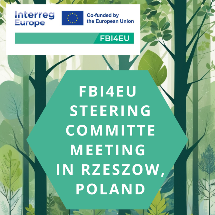 FBI4EU Steering Committee Meeting in Rzeszów, Poland Graphic for the FBI4EU Steering Committee Meeting in Rzeszów, Poland. The design includes a green hexagon with white text overlay and a forest background, accompanied by the Interreg Europe and EU co-funding logos.