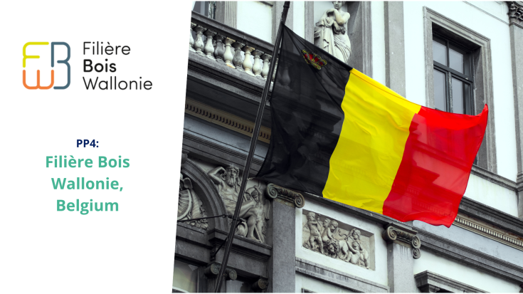 Filière Bois Wallonie (Belgium) – Project Partner 4 in the FBI4EU Initiative Belgian flag waving outside a classical government building, next to the logo of Filière Bois Wallonie and text identifying them as PP4 in the FBI4EU project.