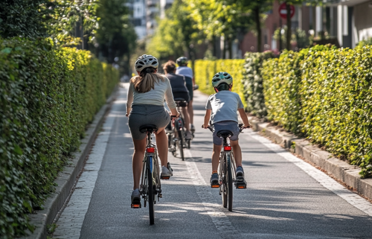 Family biking on bike lane Family biking on bike lane