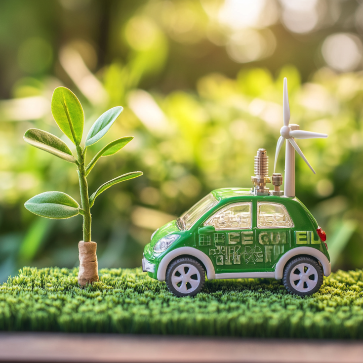Green hydrogen displayed as miniature car on grass field with wind turbine Green hydrogen displayed as miniature car on grass field with wind turbine