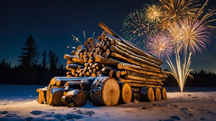 Celebrating the New Year in the Forestry Industry A festive scene of timber logs under a snowy night sky, illuminated by vibrant fireworks, symbolizing the forestry industry's achievements and hopes for a prosperous New Year 2025.