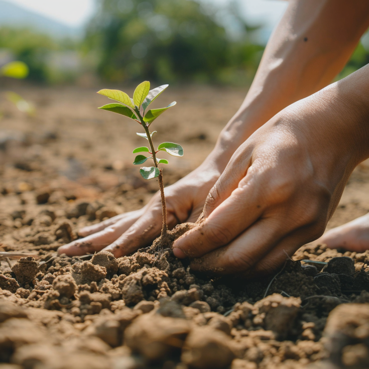 Hands of a person planting a small plant in dry ground Hands of a person planting a small plant in dry ground