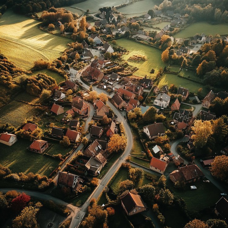 Helicopter view of a village in Europe in a rural area Helicopter view of a village in Europe in a rural area