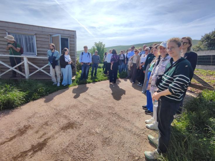 Stakeholders gathered at Finca La Jerrizuela (Coo–Los Corrales), standing attentively while listening to the researchers’ presentation.