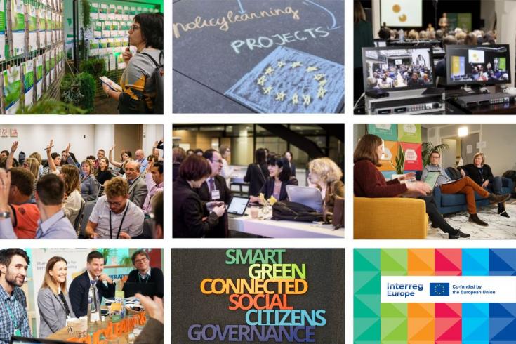 six photos in a grid, including a woman looking at a collection of posters, audience with raised hands in a workshop, group of people gathered around a table smiling, chalk drawing with words policy learning projects and an EU flag, monitors showing a plenary session on a stage, people discussing around a table, three people sitting on a sofa, six words on a dark background (smart, green, connected, social, citizens, governance), and Interreg Europe logo on a colourful background