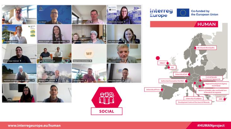 Group photo plus human logo and partners map