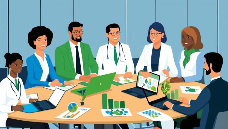 A symbolic illustration of diverse professionals sitting around a table, collaborating on a project. Laptops, charts, and documents are visible, symbolizing teamwork and stakeholder engagement.