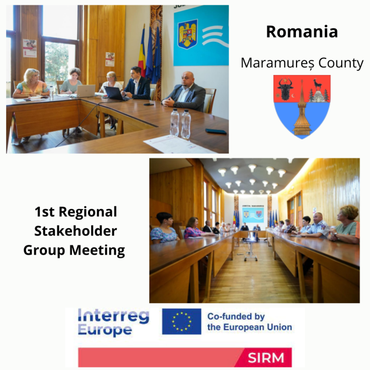 1st Regional Stakeholder Group Meeting 2 photos of people attending the meeting and Maramures County coat of arms.