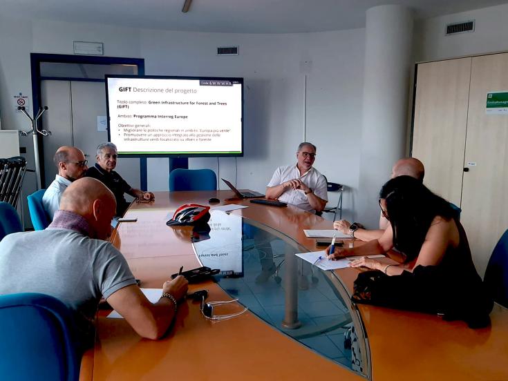 Stakeholders at the third GIFT Regional Stakeholder Group meeting in Rimini, July 2024, discussing upcoming study visits. A presentation on the GIFT project is displayed on a screen, with participants seated around a conference table, taking notes and engaging in discussion.