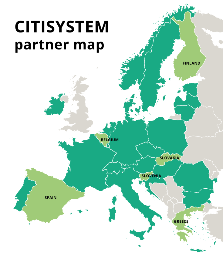A map of Europe with highligted CITISYSTEM partners' countries