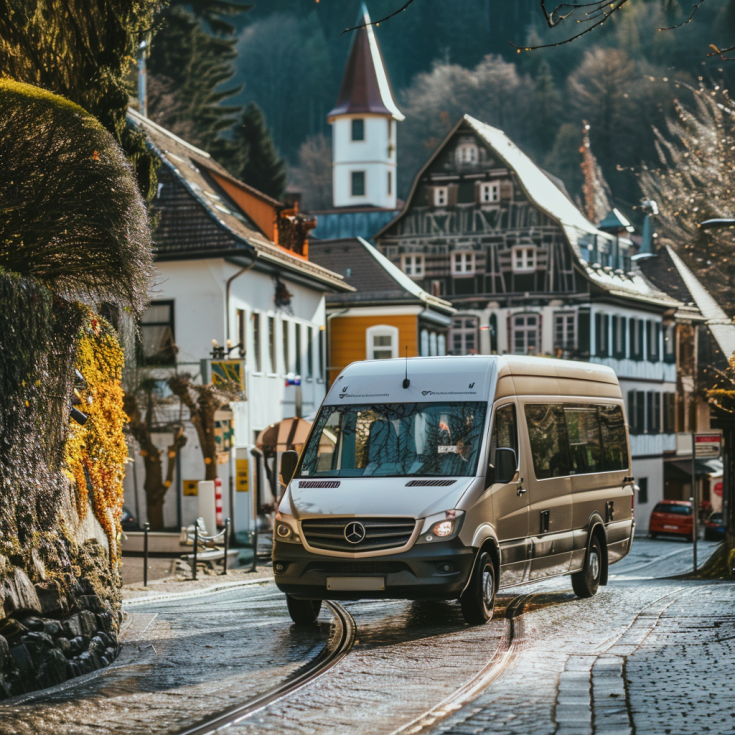 Mini bus driving in a town Mini bus driving in a town