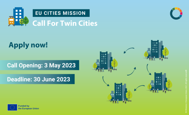 EU Cities mission call for twin cities text on a green-blue background