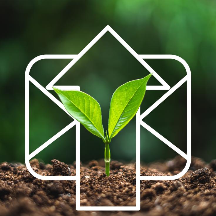 A sproutung plant emerges from the soil, a outline of a letter surrounds it. 