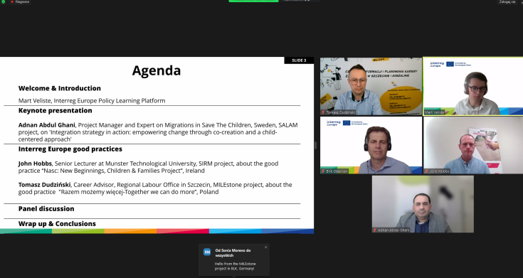 Social integration of migrants - Webinar Online meeting - presentation and people taking part in the meeting.