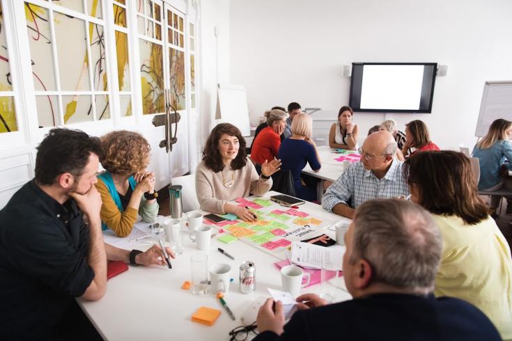 People sitting at a table talking