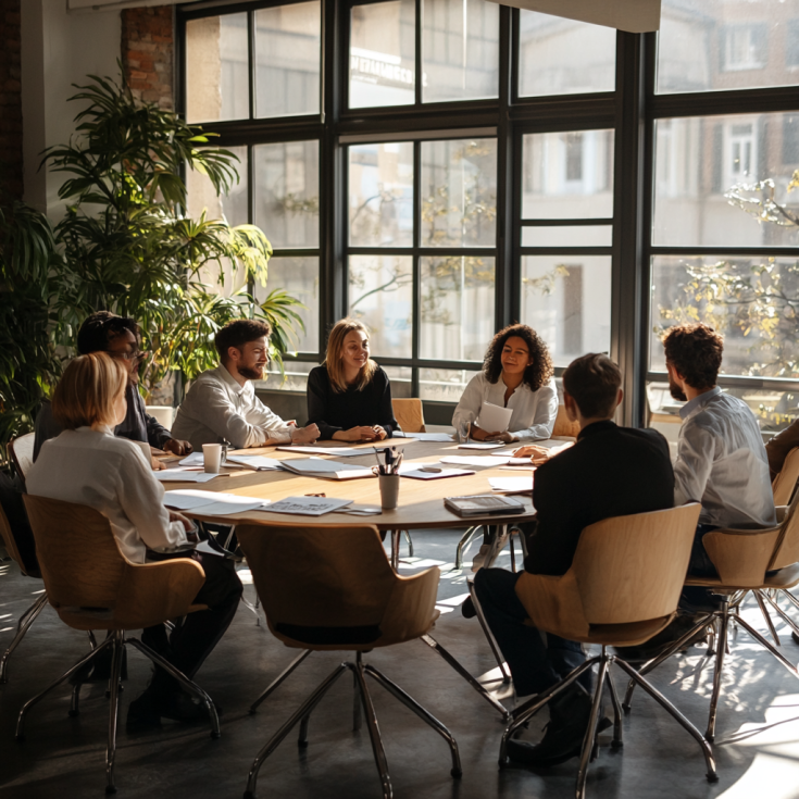 People sitting at round table discussing People sitting at round table discussing