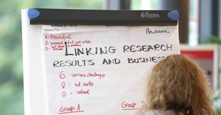 Person writing on a flip chart about research and business