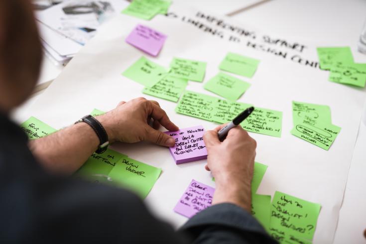 Person writing a text on a purple post-it note