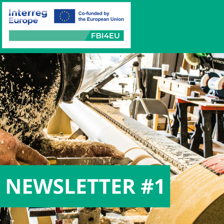 FBI4EU Newsletter #1 - Promoting Sustainable Forestry and Innovation in Europe Image showing a woodworker operating a machine in a woodworking shop, with sawdust flying from a lathe. The image also features the Interreg Europe logo and the text 'Newsletter #1' for the FBI4EU project, co-funded by the European Union.
