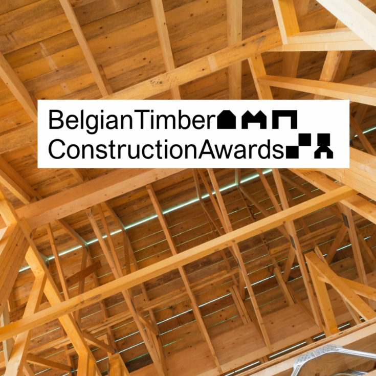 Belgian Timber Construction Awards Logo Overlaid on Wooden Roof Structure A wooden roof structure with visible beams and rafters, symbolizing timber construction. Overlaid is a logo reading "Belgian Timber Construction Awards" in black text, with geometric shapes representing buildings incorporated into the typography.