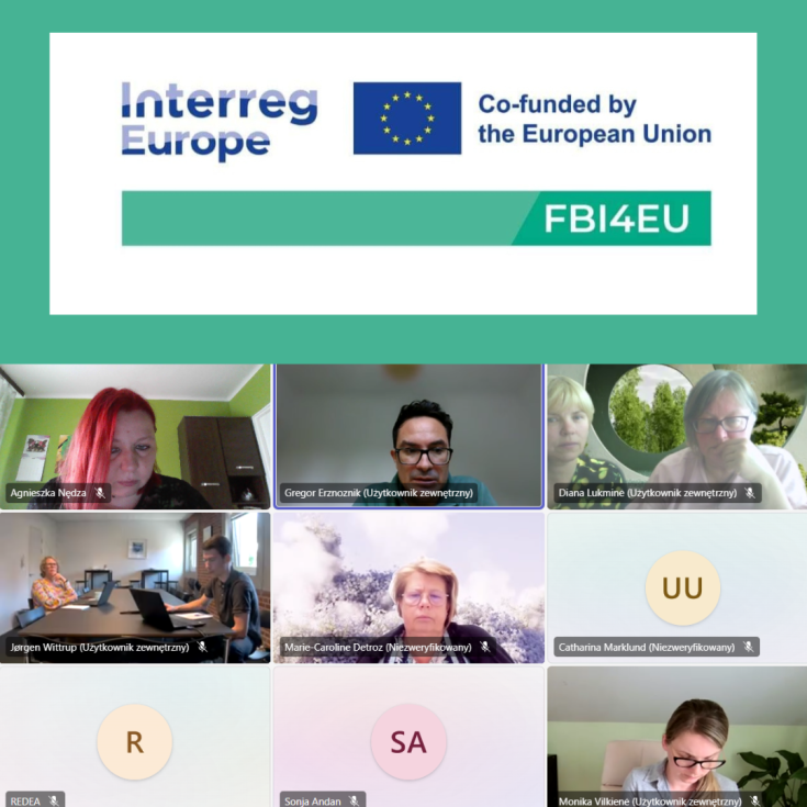 Online Workshop on Expense Reporting with Project Partners - September 11, 2024 Screenshot of an online workshop with multiple participants from various partner organizations, featuring the Interreg Europe logo and the 'Co-funded by the European Union' banner for the FBI4EU project. The video conference shows attendees in discussion, with some on video and others represented by initials.