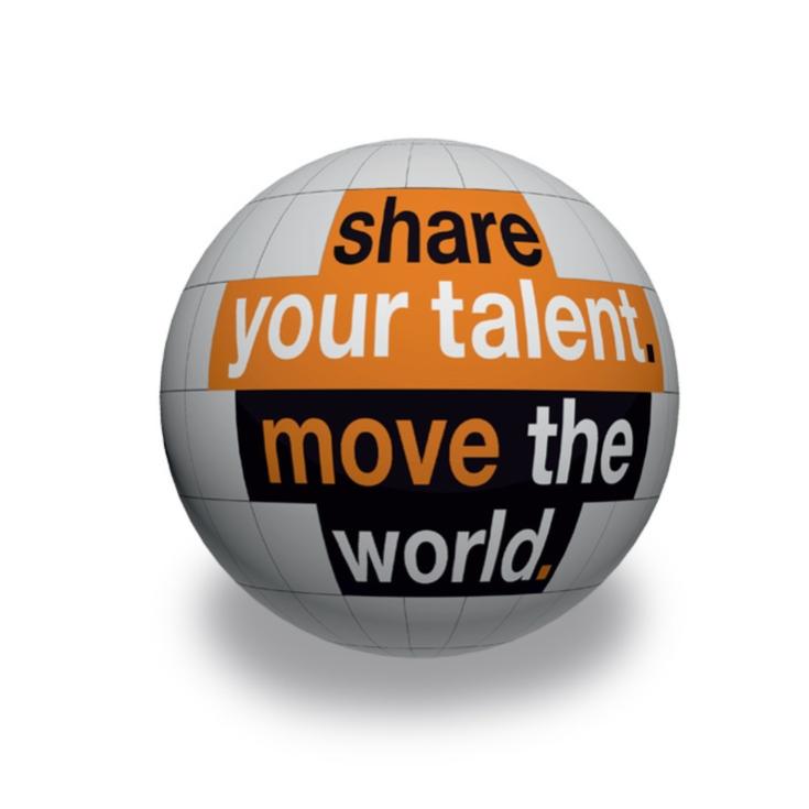 Text on a globe or ball: share your talent. move the world