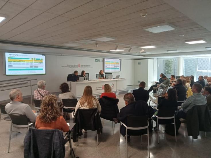 A room with people presenting the project