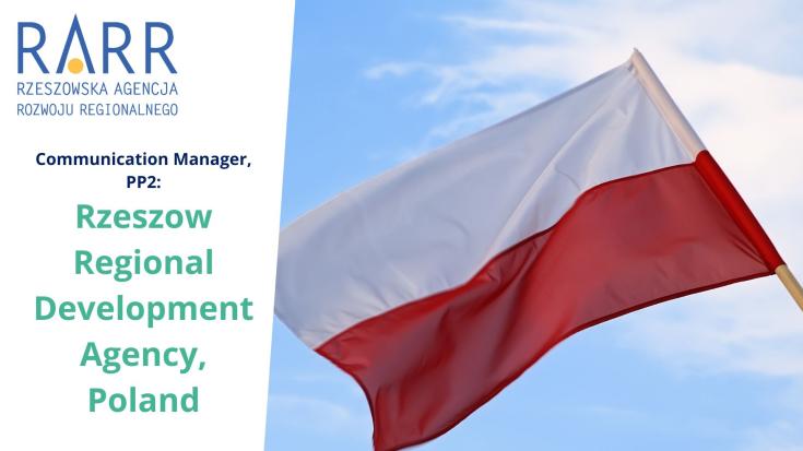 Rzeszow Regional Development Agency – Driving Growth in Poland A Polish flag waving against a blue sky with the Rzeszow Regional Development Agency (RARR) logo and text highlighting its role as Communication Manager in an international project.