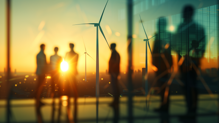 Renewable energy communities People in front of windmills