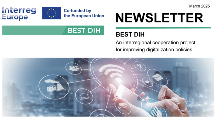 a digitalization theme with a city skyline, interconnected technology icons, and a focus on improving digital policies through interregional cooperation