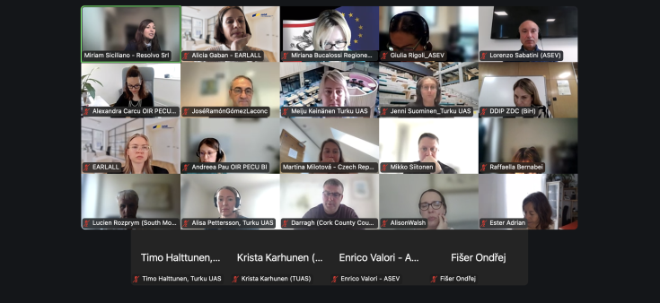 QUEEN project: first virtual kick off meeting The image captures a screenshot from the QUEEN project's virtual kick-off meeting, held on 14 April 2025. Participants from partner organisations across Europe are visible in a video conferencing grid, representing regional authorities, educational institutions, and policy networks. Each participant’s name and affiliation is shown below their video feed.
