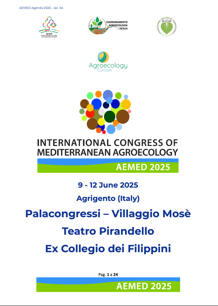 Cover page of the AEMED 2025 Agenda, version 04. It promotes the International Congress of Mediterranean Agroecology, taking place from 9 to 12 June 2025 in Agrigento, Italy. Venues listed are Palacongressi – Villaggio Mosè, Teatro Pirandello, and Ex Collegio dei Filippini. The page includes logos of AIAF (Associazione Italiana di Agroecologia e Formazione), Coordinamento Agroecologia Sicilia, AIDA, and Agroecology Europe. A colorful circular pattern sits above the event title. Footer and title banners hig