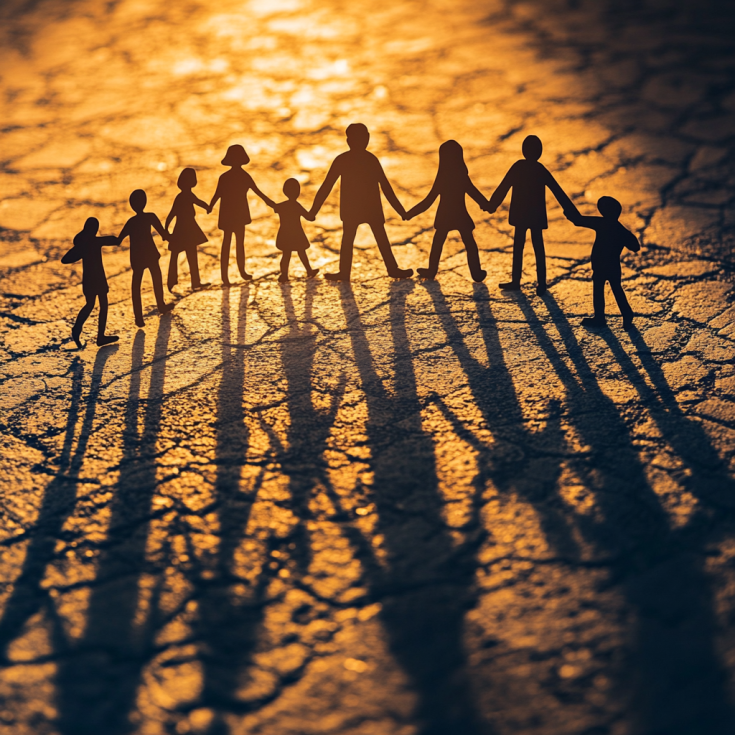 Silhouettes of paper-cut figures holding hands, casting long shadows on a textured surface in warm golden light, symbolizing unity and community.
