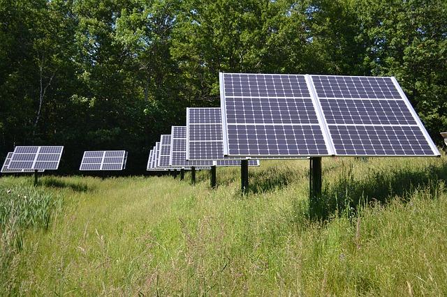 Solar panels in field of grass