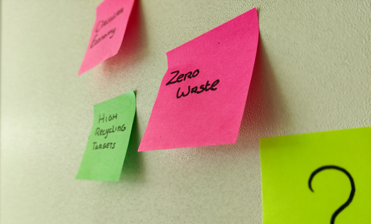 Stick It note Zero Waste Stick It notes on a wall with green topics written on them