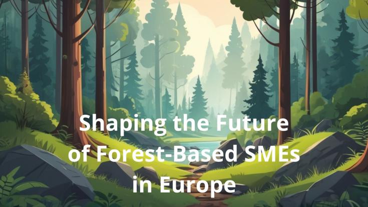 Shaping the Future of Forest-Based SMEs in Europe A digital illustration of a lush forest with tall trees, green foliage, and a small winding path leading toward a bright clearing. The scene conveys a sense of sustainability and growth. Overlaid on the image is bold white text that reads: "Shaping the Future of Forest-Based SMEs in Europe."