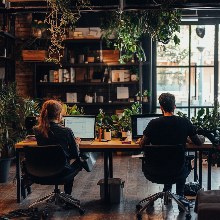 Two people working at a desk in a coworking space Two people working at a desk in a coworking space