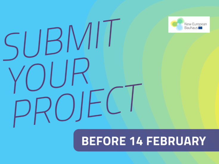 Submit your project for the New European Bauhaus Prizes 2025 and the new NEB Boost for Small Municipalities "Submit your project before 14 February" text on blue and yellow graphic background. New European Bauhaus logo is in the top right corner.