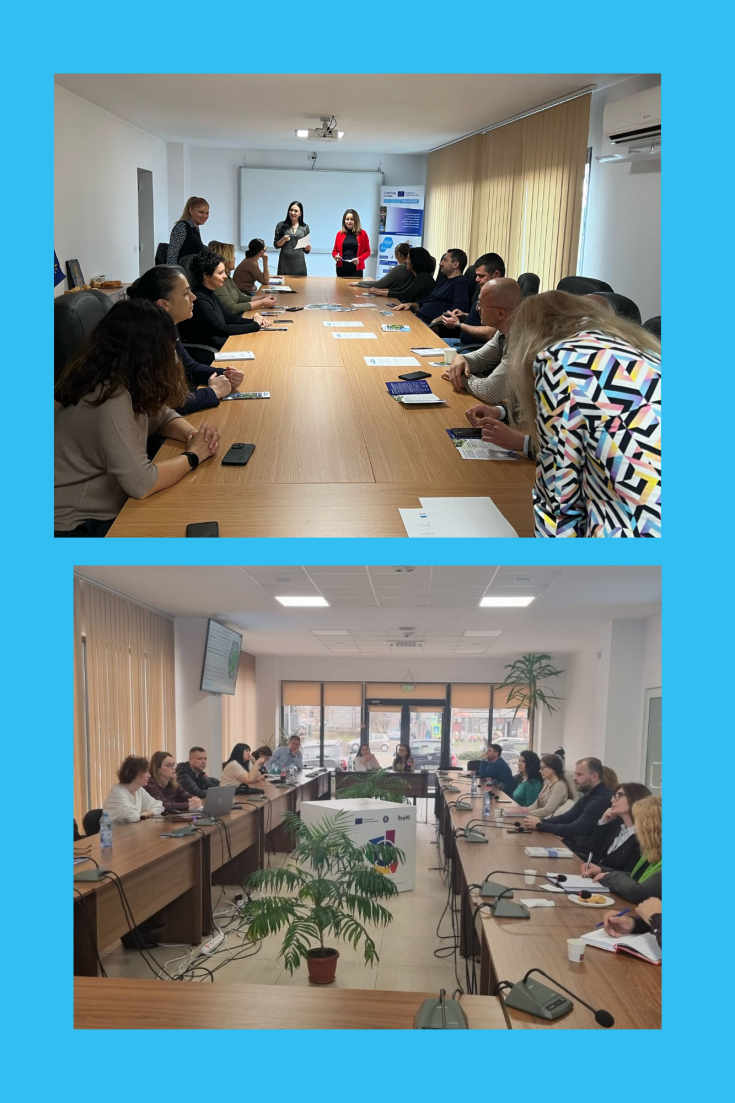 A collage of two meeting photos. The top shows a group seated around a conference table, with three women standing and speaking at the front. The bottom shows a larger group in a U-shaped setup, engaged in discussion with microphones and laptops, and plants in the center. Both settings are professional and well-lit, with EU project materials visible.