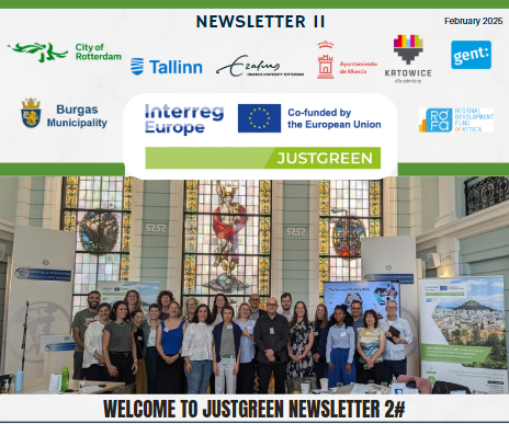 JUSTGREEN newsletter II frontpage of newsletter issue two with partner logo's and a group photo of all the partners during the second partner meeting