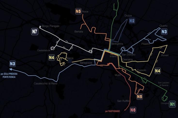 Map of the night bus line of the city of bologna